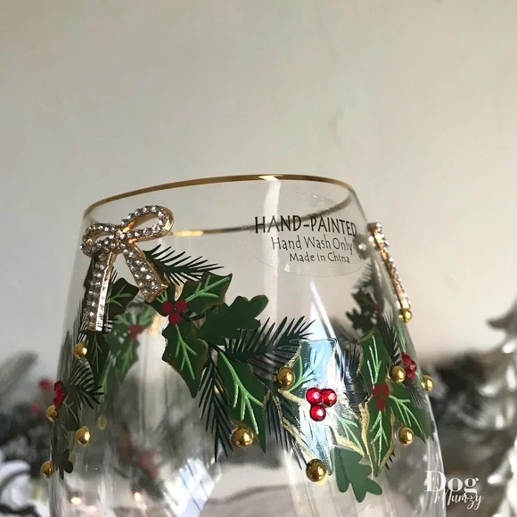 2 Gold Rimmed Holly Berry Ribbon Bow Christmas Stemless Wine Glass
